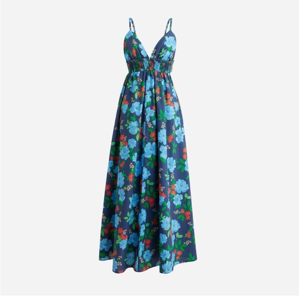 J. Crew Navy Floral Maxi Dress with Blue & Green Blooms